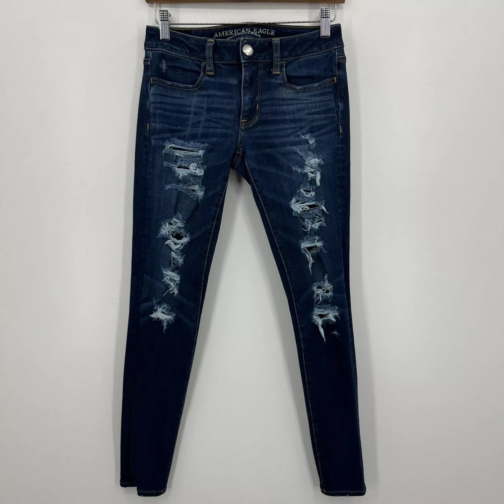 American Eagle Jeans Women's 2 Regular Blue Jegging Dark Wash Distressed Stretch